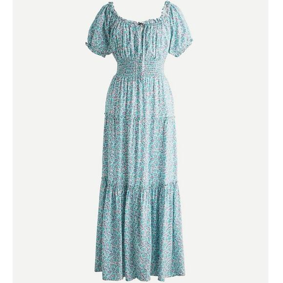 NWOT J.Crew Puff-Sleeve Blue Floral Smocked Tiered Midi Dress Size 6 Tall - Picture 1 of 9